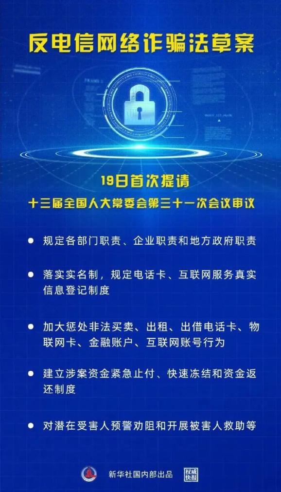 里程碑意义：《反电信网络诈骗法》（草案）公布,电信诈骗资金有望紧急止付和返还