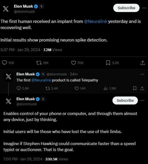 马斯克称Neuralink完成首例人类脑机接口设备植入