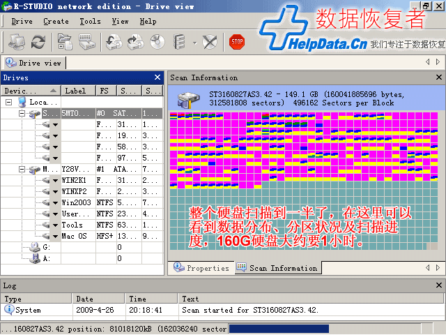 R-Studio里可以看到数据分布,分区状况及扫描进度