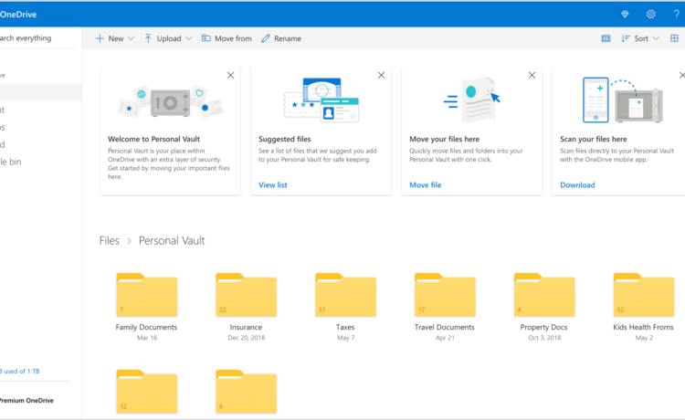 OneDrive 个人保管库主页操作面板的屏幕截图。