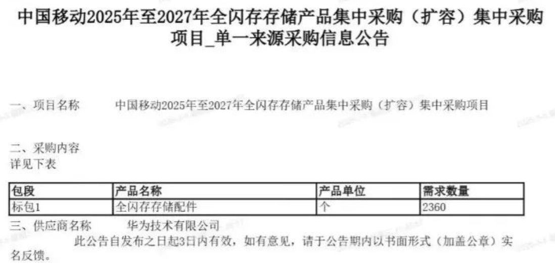 华为独家中标中国移动全闪存存储产品扩容集采，包括 2360 个配件